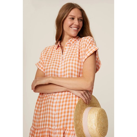 Lauren Ralph Lauren Dress Size 12 Vilma Gingham Linen Shirt Midi Orange White - Picture 3 of 8